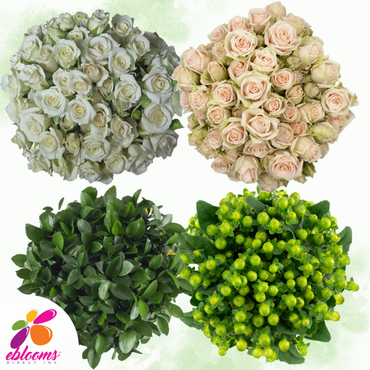 DIY Spray Rose Combo Box #2 – 100+ Stems of Spray Roses, Hypericum & Ruscus – Multiple Color Options