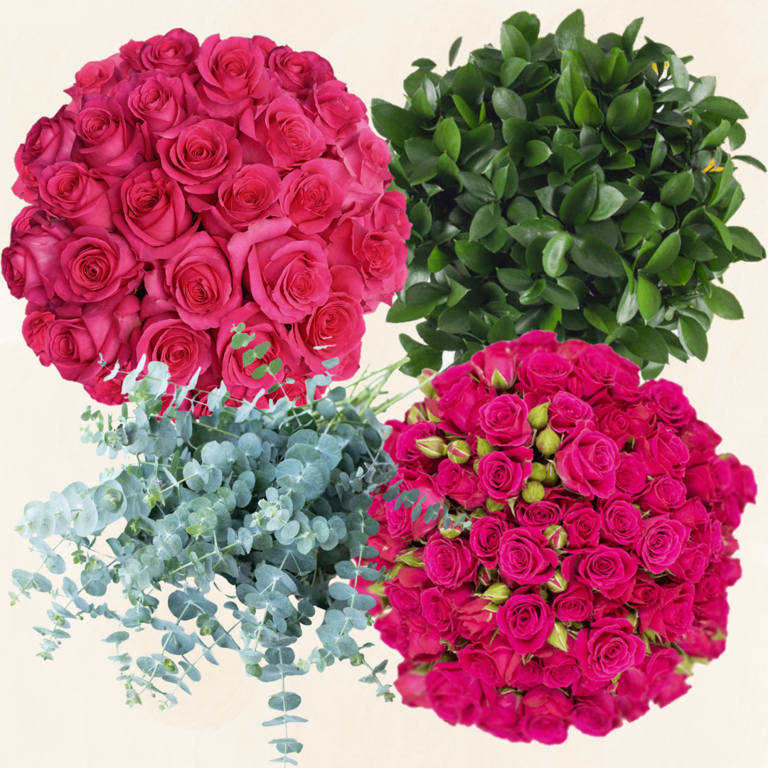 Flower  Combo Box #4 Roses, Spray Roses, Eucalyptus & Ruscus -PK 200 Stems