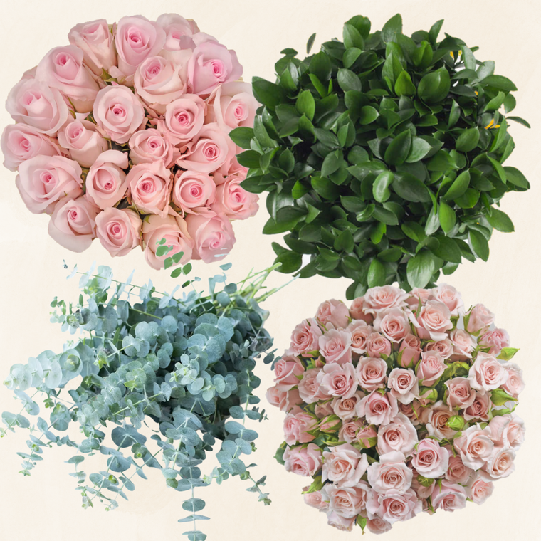 DIY Premium Rose Combo Box #4– Roses, Spray Roses, Eucalyptus & Ruscus – 200 Stems – Multiple Colors