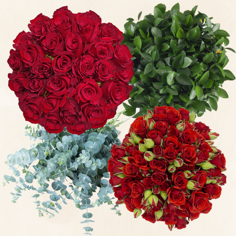DIY Premium Rose Combo Box #4– Roses, Spray Roses, Eucalyptus & Ruscus – 200 Stems – Multiple Colors