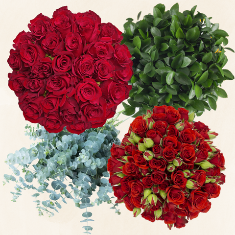 Flower  Combo Box #4 Roses, Spray Roses, Eucalyptus & Ruscus -PK 200 Stems