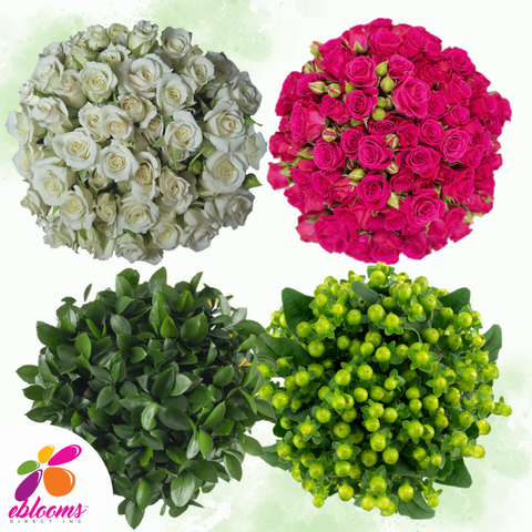 Combo Box 2 - Spray Roses White and hot pink - Ruscus and Hypericum Green 