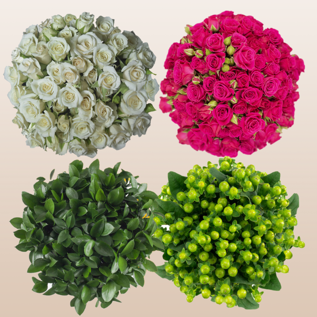 DIY Flower Combo Box #2 - Spray Roses, Hypericum & Ruscus- PK140 Stems