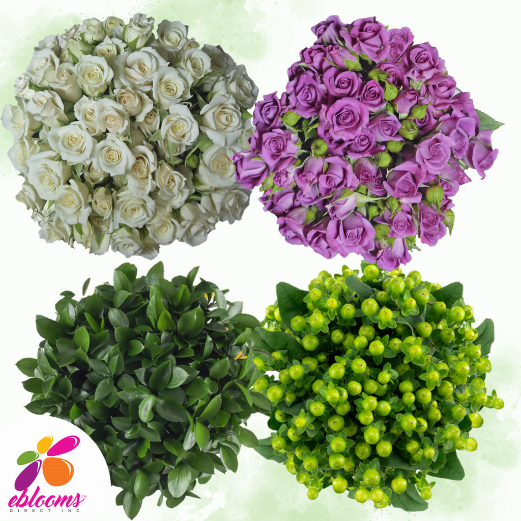 Combo Box 2 - Spray Roses White and lavender - Ruscus and Hypericum Green 