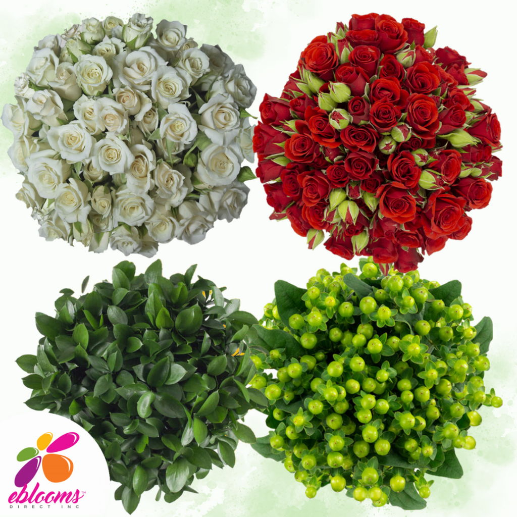 Combo Box 2 - Spray Roses White and Red- Ruscus and Hypericum Green 