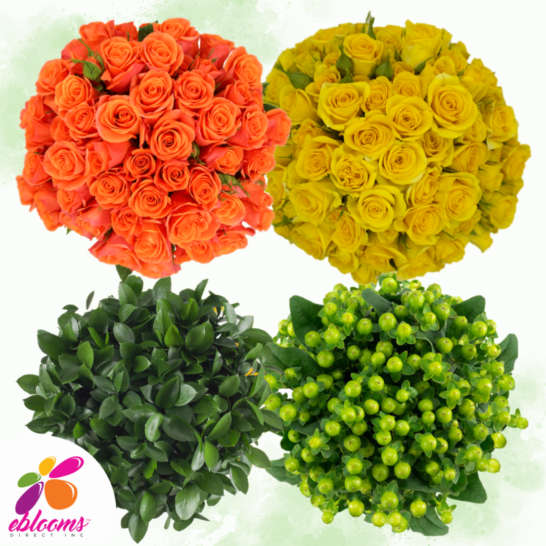 Combo Box 2 - Spray Roses yellow and orange - Ruscus and Hypericum Green 