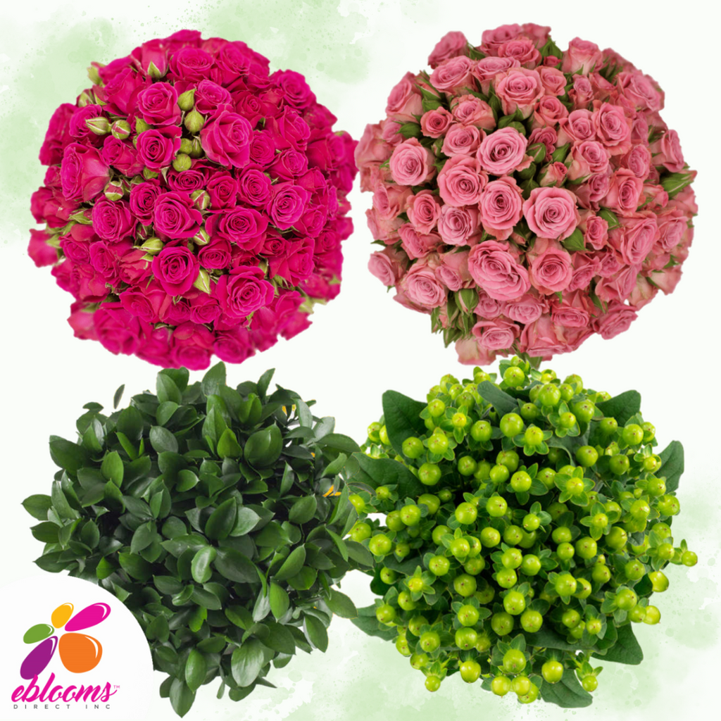Combo Box 2 - Spray Roses Hot pink and light pink - Ruscus and Hypericum Green 