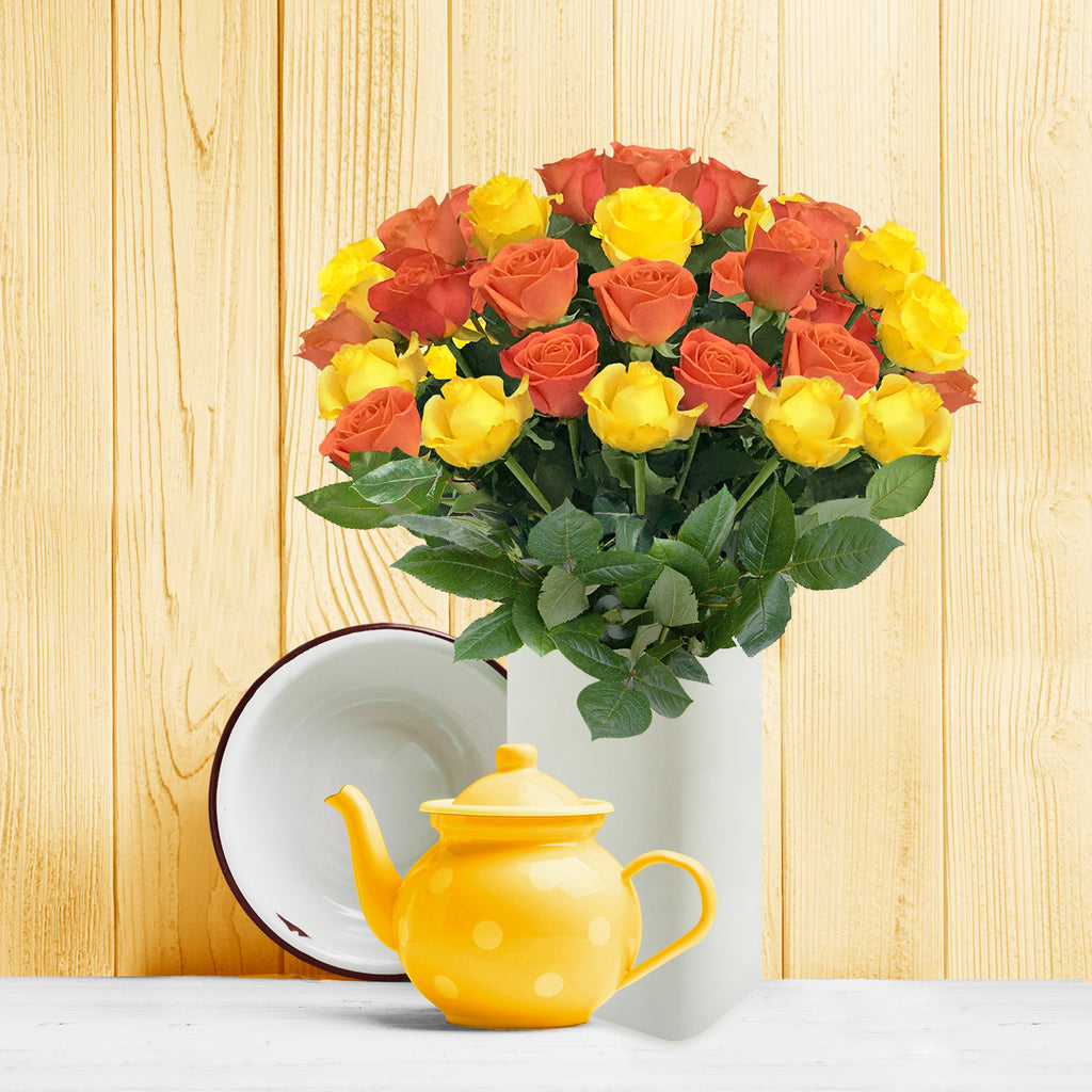 Love in a box 50 Roses Yellow & Orange 50cm - Vase Included- EbloomsDirect