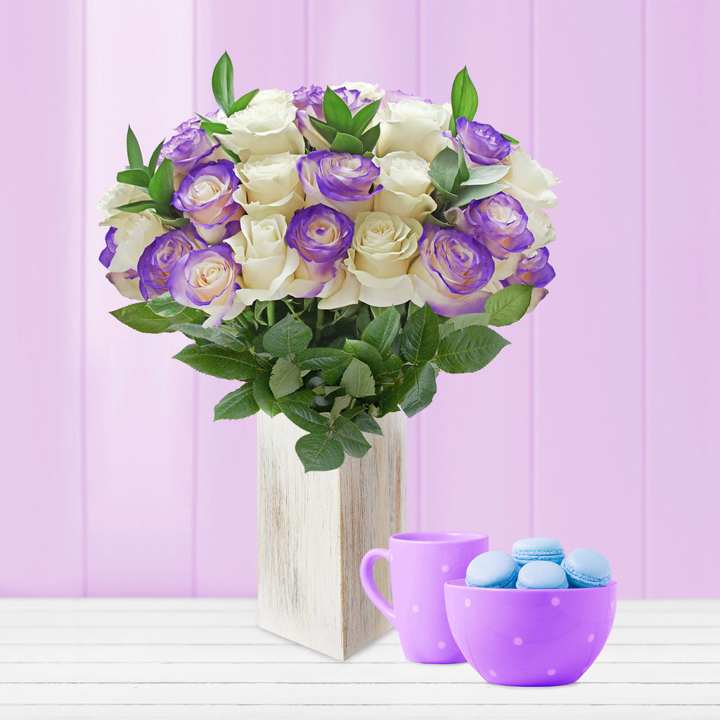 White and Purple roses the best flower arrangement centerpieces bouquets to order online for any ocassion weddings, or event planners and valentine's day