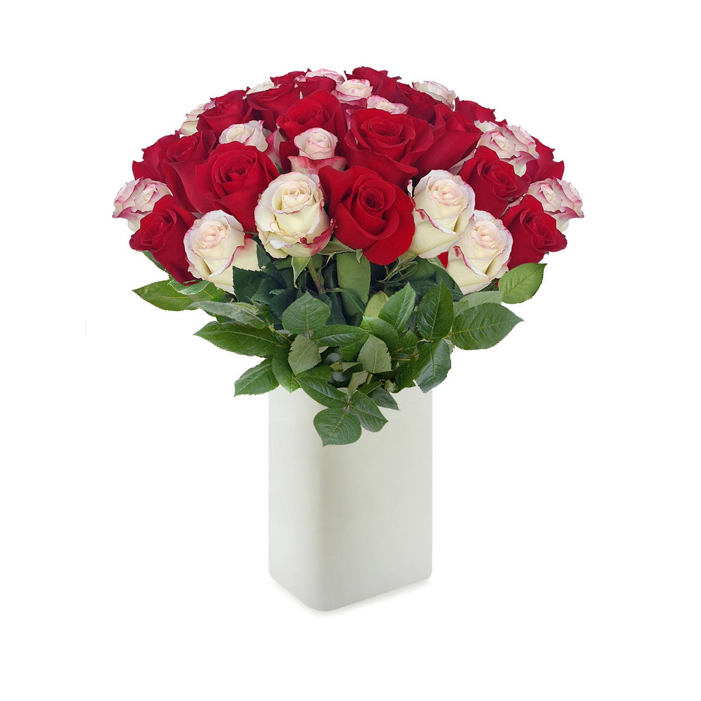 Love in a box 50 Roses Red & Bicolor White-Red 50cm - Vase Included- EbloomsDirect