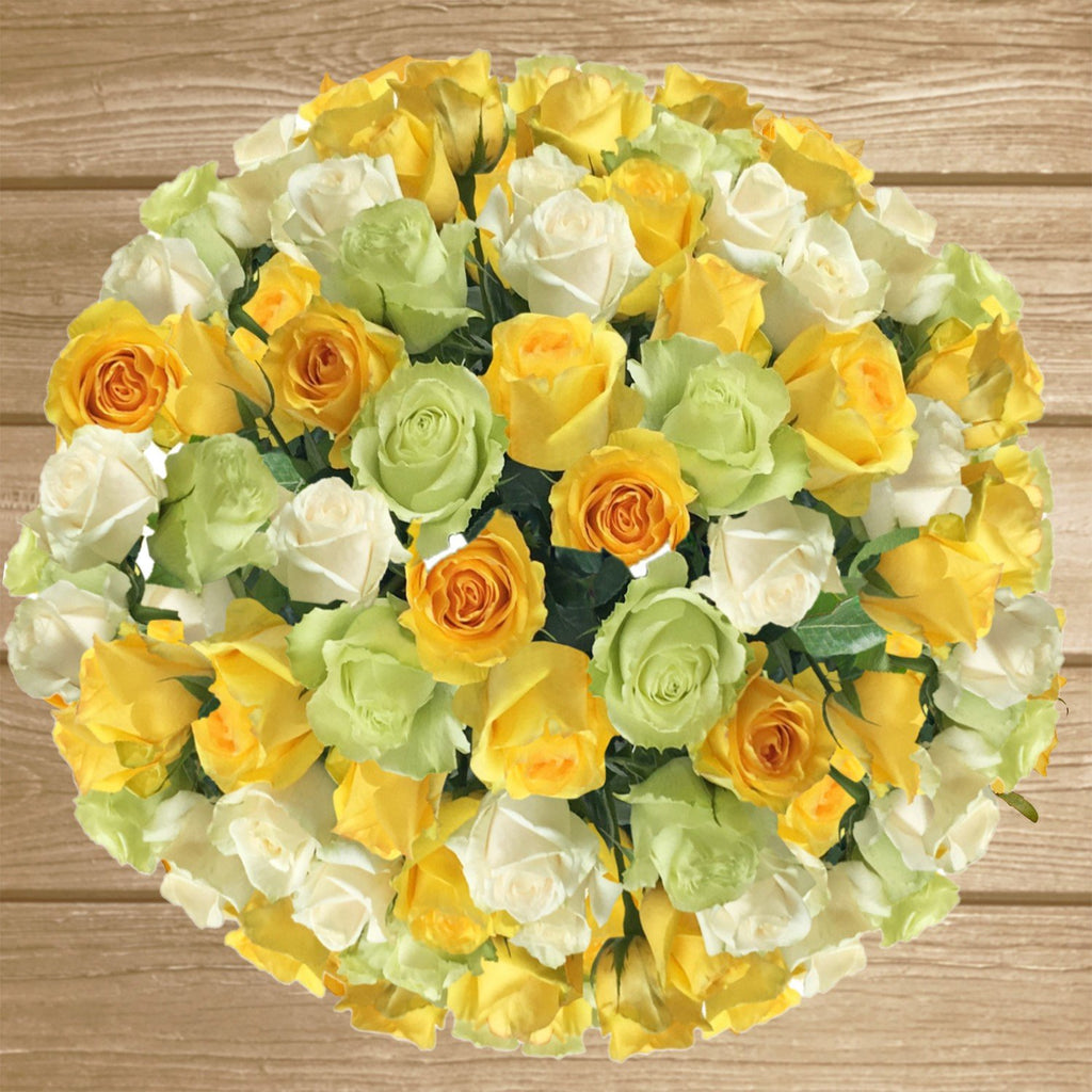 Trio yelow white and green roses the best flower arrangement centerpieces bouquets to order online for any ocassion weddings, or event planners and valentine's day