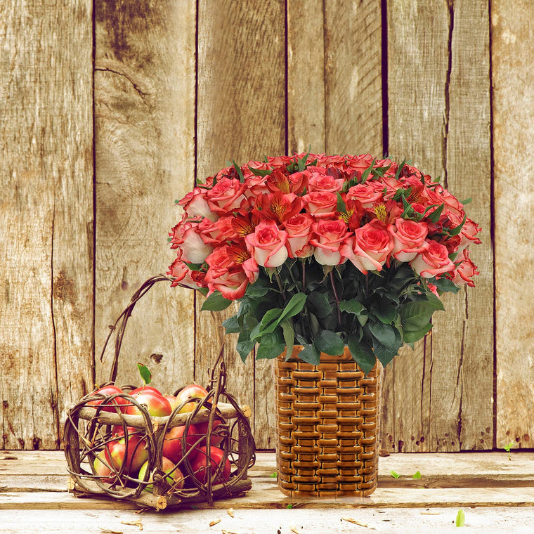 Autumn Jewels Bouquet Bicolor White & Red with Vase - EbloomsDirect
