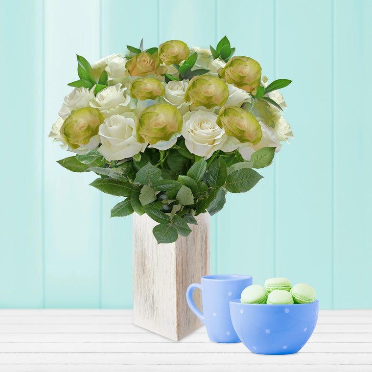 Roses and Ruscus Airbrushed Lime Green Bouquet